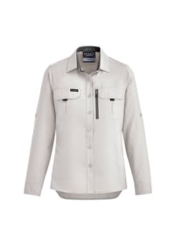 A light grey women's long sleeve button-up shirt with two front pockets and a zippered pocket. Styled for outdoor use.