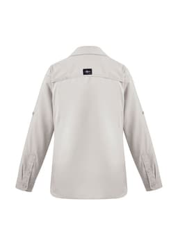 A light grey women's long sleeve outdoor shirt with a button-up design and a logo on the back.