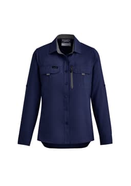 A navy long sleeve button-up shirt for women featuring pockets and a logo.