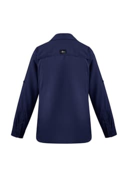 A women's long sleeve button-up shirt in navy, featuring a logo on the back and button cuffs.
