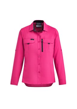 A pink women's outdoor long sleeve button-up shirt with a chest pocket and a logo.
