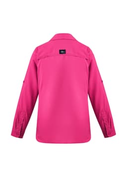 A pink women's outdoor long sleeve button-up shirt featuring a logo on the back.