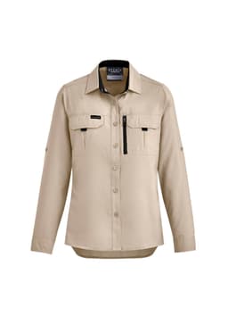 A long-sleeve women's button-up shirt in khaki, featuring two chest pockets and a zip pocket, with branding.