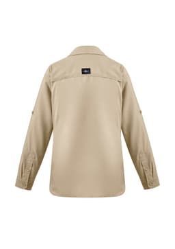 A tan women's outdoor long sleeve button-up shirt with a back yoke and a brand logo.