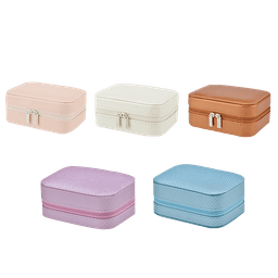 A set of five small jewellery storage boxes in pastel pink, white, tan, lavender, and light blue. Each box has a zip closure.