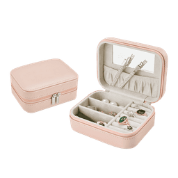 A pink jewellery box with a zip opening, featuring compartments for rings and a mirror inside.