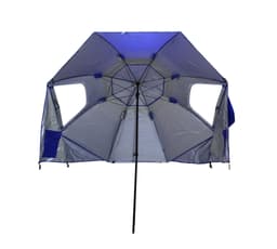 A portable umbrella features a blue and grey design, designed for all-weather protection with side flaps for added coverage.