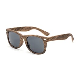 Wood-like sunglasses with dark grey lenses and a textured brown frame. Features a logo on the side.