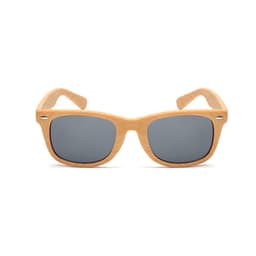 Wood-like sunglasses with grey lenses featuring a natural wood finish and a logo on the side.