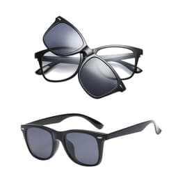 Two pairs of black sunglasses displayed, one atop the other, featuring dark lenses and a sleek design.