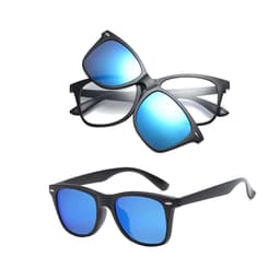 Two pairs of Polaroid sunglasses, one with a black frame and blue lenses, layered over another similar style in black and blue.