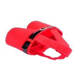 A festive red candy bag designed like Santa pants, featuring a black belt for added charm.