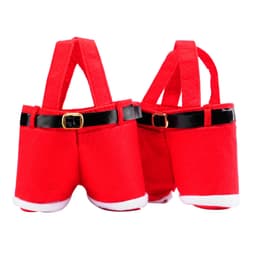 A pair of bright red Santa pants candy bags with black belts and white trim, featuring shoulder straps.