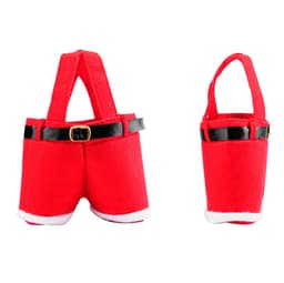 A red felt candy bag shaped like Santa's pants, with black belt detailing and white trim. Features a logo.