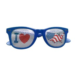 Blue novelty eyeglasses with pinhole lenses featuring red hearts and an American flag design.