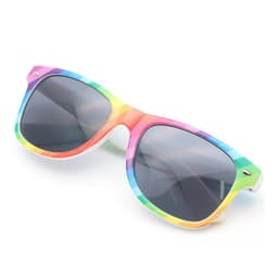 Rainbow sunglasses with a geometric pattern featuring vibrant colours and dark lenses. The frames have a logo.