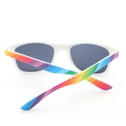 Rainbow sunglasses with white frames and multicoloured arms in shades of pink, blue, green, and yellow.