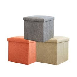 Three foldable storage ottoman boxes in grey, orange, and beige stacked together, featuring a textured fabric finish.