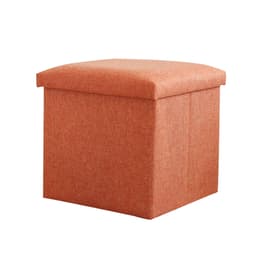 An orange foldable storage ottoman with a padded top and textured fabric, designed for home organisation.