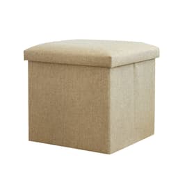 A beige foldable storage ottoman with a cushioned top, suitable for organising items in home settings.