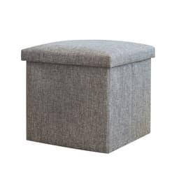 A grey foldable storage ottoman with a cushioned top, featuring a simple, textured fabric design.
