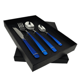 A blue 4-piece dinner cutlery set featuring a knife, fork, and two spoons, presented in a black box.