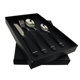 A black 4-piece dinner cutlery set displayed in a black box, including a knife, fork, and two spoons.