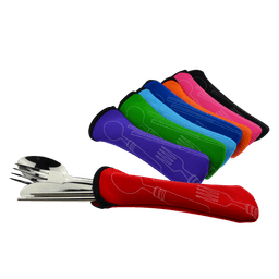 A cutlery set featuring four pieces, each with vibrant coloured covers in blue, green, pink, orange, and black.