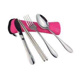 A four-piece stainless steel cutlery set in silver, accompanied by a pink carrying pouch.