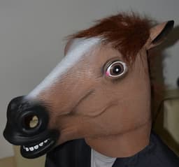A horse mask with brown fur detail and a large open mouth feature, set against a neutral background.