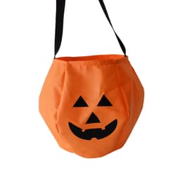 An orange bag with a black pumpkin face and a black strap, designed for carrying items.