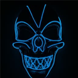 A black skull mask illuminated with blue neon lights, featuring detailed facial features and a glossy finish.