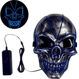 A skull-shaped mask in metallic silver with blue LED lights and a battery pack connected.