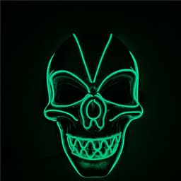 A green light-up mask shaped like a skull with glowing neon outlines. Features a simple design with a menacing expression.