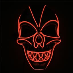 A skull mask with glowing red neon outlines against a dark background, featuring intricate detailing and a menacing grin.