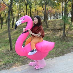A pink flamingo inflatable costume designed for fun, featuring a person seated inside. Trees and a path in the background.