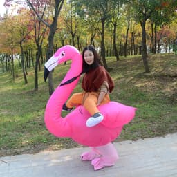 A pink inflatable flamingo costume worn by a person in a park setting with trees and autumn foliage.