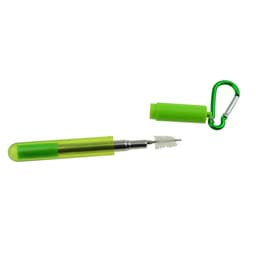 A green foldable drinking straw with a straw brush and a carabiner for attachment. The straw is partially extended.