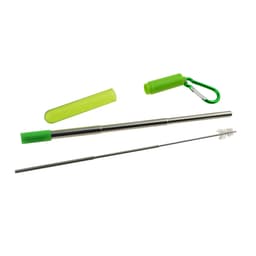 A foldable stainless steel drinking straw in silver, with a green carrying case and a straw brush. Includes a carabiner.