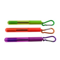 A set of three foldable drinking straws in green, orange, and purple, each with a detachable carabiner for attachment.