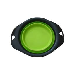 A green and black pet folding bowl with heart-shaped handles and a compact design. It features a smooth interior surface.