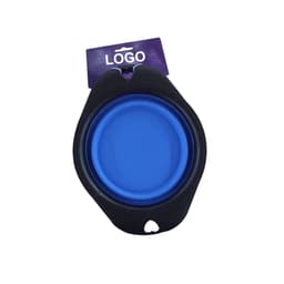 A black and blue pet folding bowl with a circular shape and a hanging tag featuring a logo.