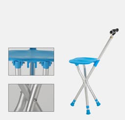An adjustable cane stool with a blue seat and silver legs, featuring a handle for support.