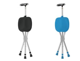 Adjustable cane stool in black and blue, featuring a sturdy seat and ergonomic handle for support.