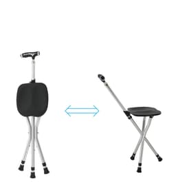 An adjustable cane stool in black and silver, featuring a handle and a compact folding design.