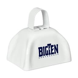 A classic white cowbell with a handle and a branding logo on the front.