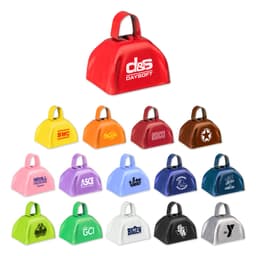 A collection of various cowbell products in different colours, each featuring a handle and logos or branding.