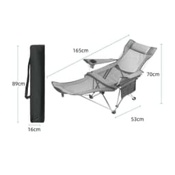 A grey camping lounge chair with a side drink holder, shown alongside a folded carry bag. Dimensions included.