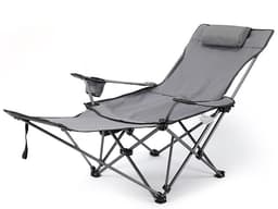 A grey camping lounge chair with an adjustable reclining feature and a headrest, featuring a side cup holder and a logo.