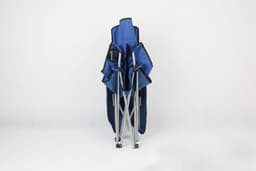 A set of folding beach chairs with a blue canopy and a silver frame, arranged in an upright position.